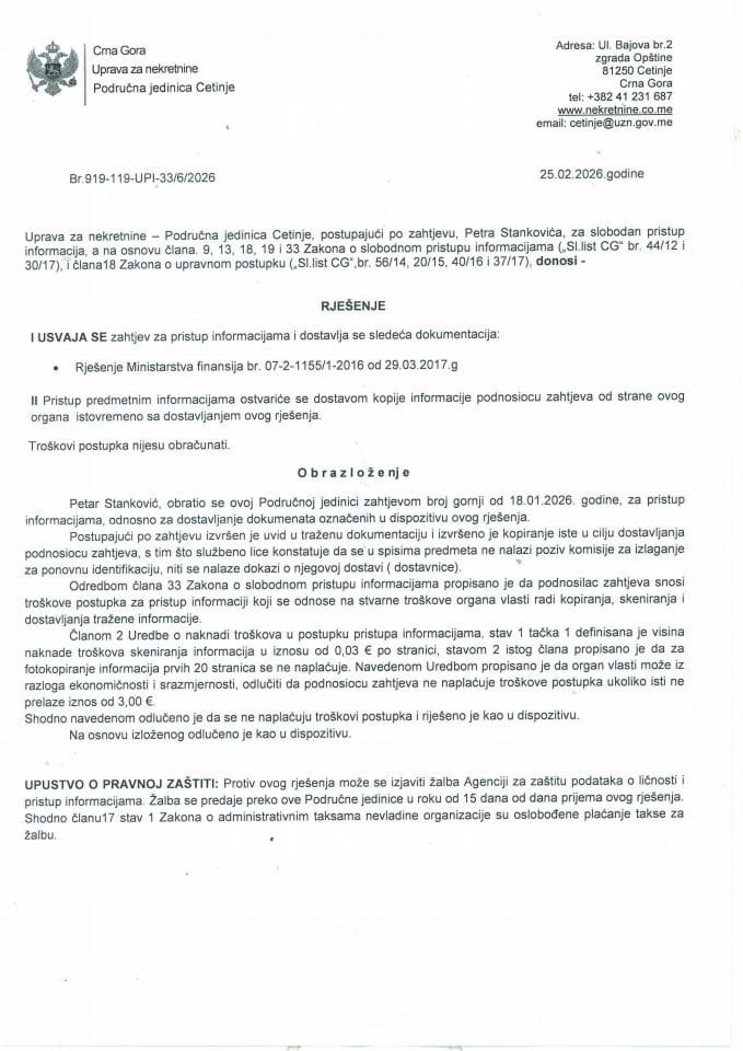 Rješenja o slobodnom pristupu informacijama - 03.03.2026.