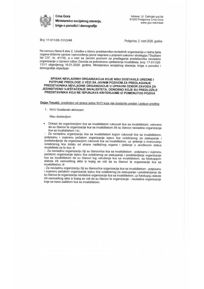 Spisak NVO koje nisu dostavile uredne i potpune predloge