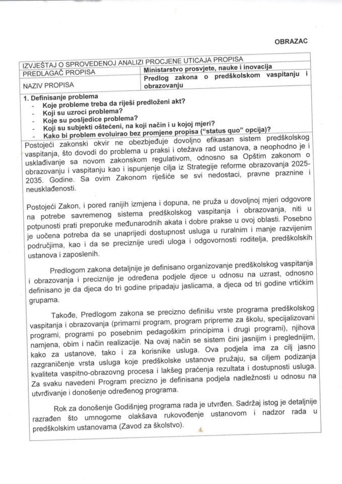 RIA obrazac - Predlog zakona o predškolskom vaspitanju i obrazovanju