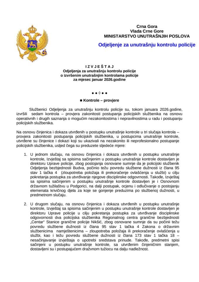 Izvještaj o postupanju po kontrolama i pritužbama za januar 2026. godine