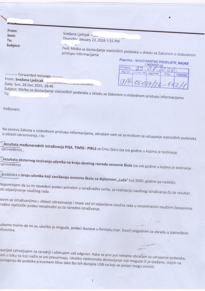 Zahtjev, rješenje o djelimičnom usvajanju i odobrena informacija - rezultati eksternog testiranja, broj učenika sa diplomom Luča