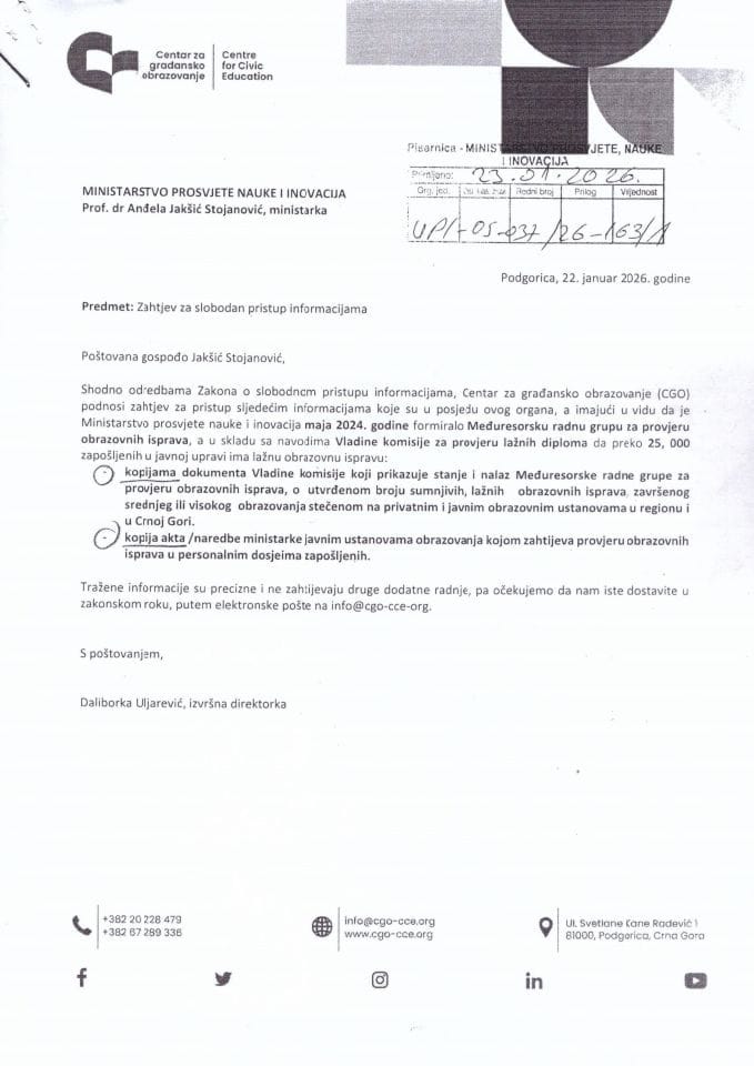 Zahtjev, rješenje o djelimičnom usvajanju i odobrena informacija - kopije zahtjeva Ministarstva za provjeru obrazovnih isprava zaposlenih u prosvjeti