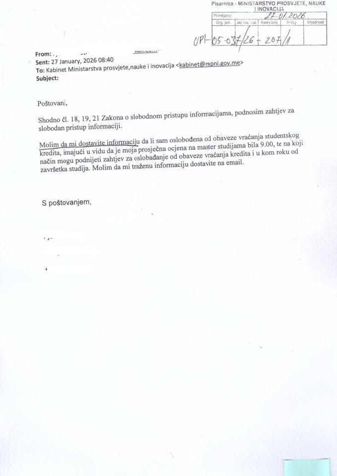 Zahtjev, rješenje i odobrena informacija - obaveza vraćanja studentskog kredita