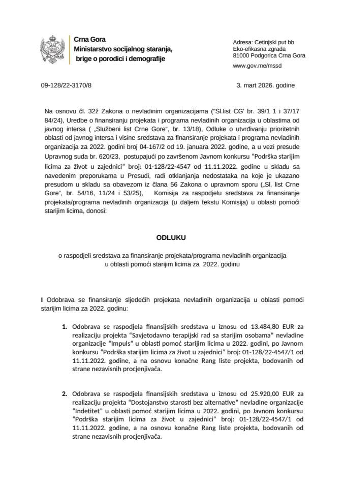 Nova Odluka o raspodjeli sredstava u oblasti pomoći starijim licima