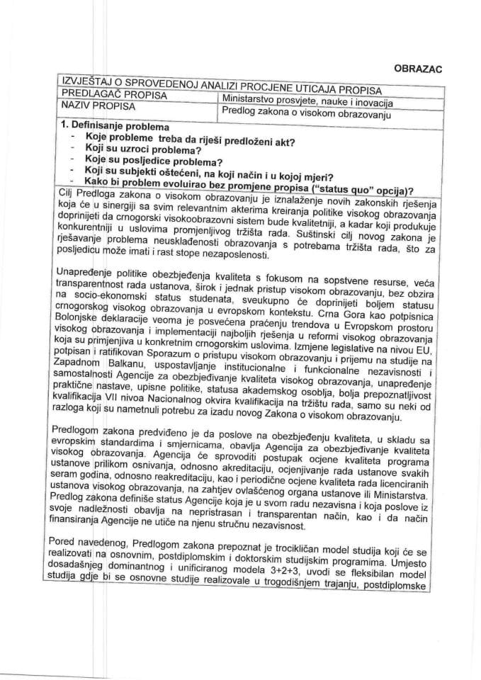 RIA obrazac - Zakon o visokom obrazovanju