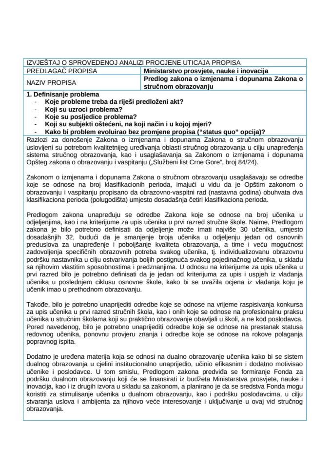 RIA obrazac - Predlog Zakona o stručnom obrazovanju
