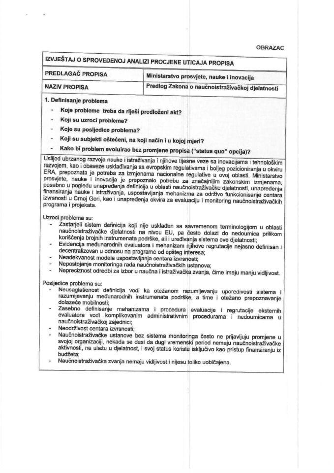 РИА образац - Закон о научноистраживачкој дјелатности