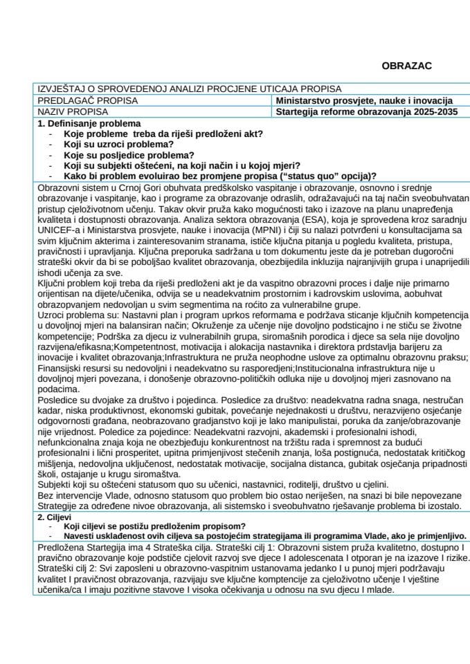 RIA obrazac - Strategija reforme obrazovanja 2025 - 2035