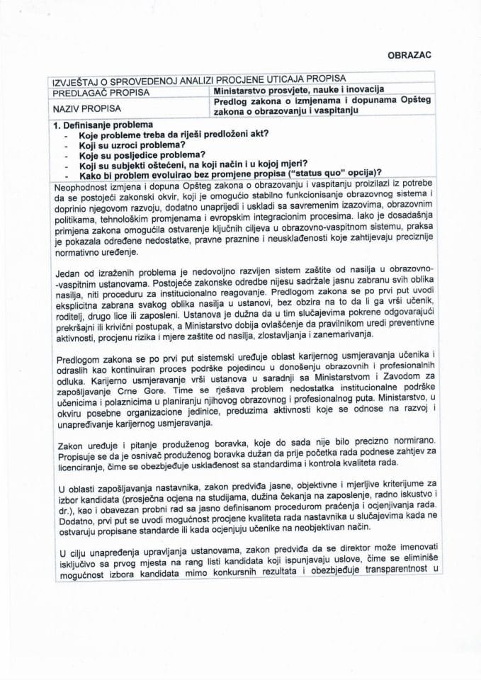 РИА образац - Предлог Закона о измјенама и допунама Општег закона о образовању и васпитању