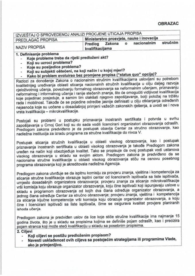 RIA obrazac - Predlog Zakona o nacionalnim stručnim kvalifikacijama