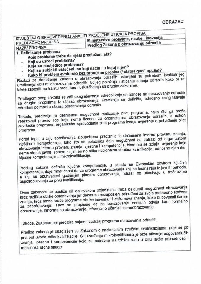 RIA obrazac - Predlog Zakona o obrazovanju odraslih