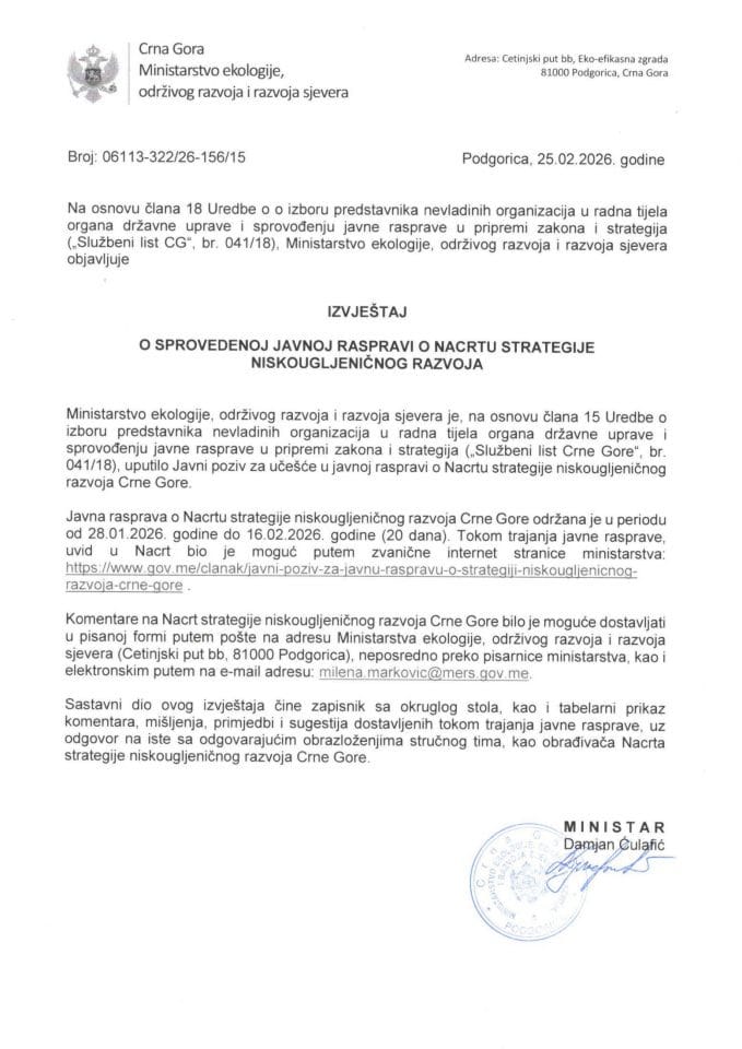 Izvještaj o sprovedenoj Javnoj raspravi o Nacrtu Strategije niskougljeničnog razvoja Crne Gore (SNR)