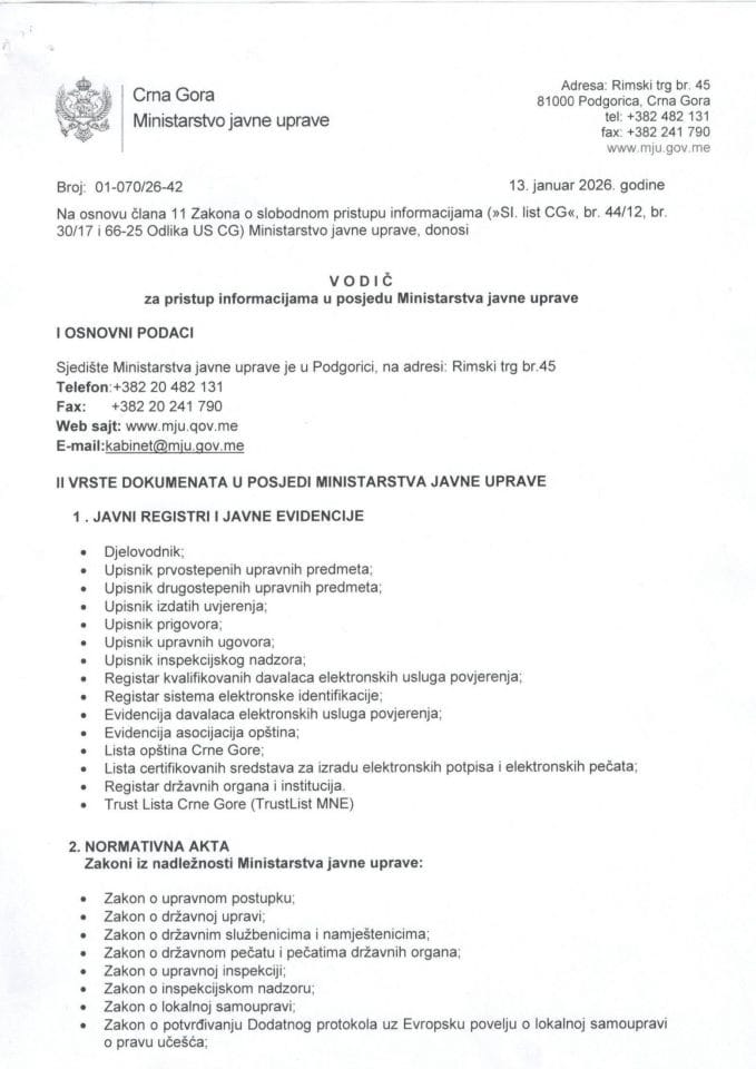 Vodič za pristup informacijama u posjedu Ministarstva javne uprave za 2026.