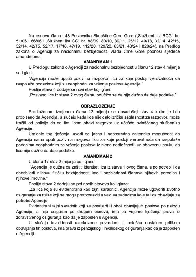 Предлог амандмана на Предлог закона о Агенцији за националну безбједност