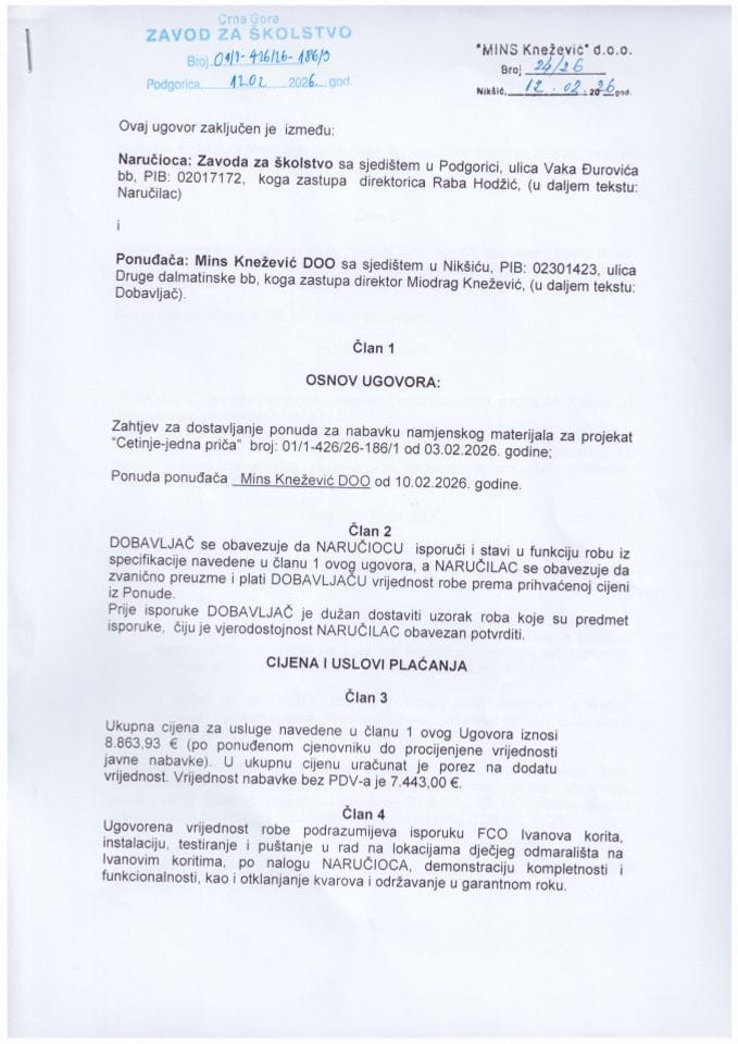 Ugovor Zavod za školstvo - Mins Knežević DOO, Nikšić 2026.