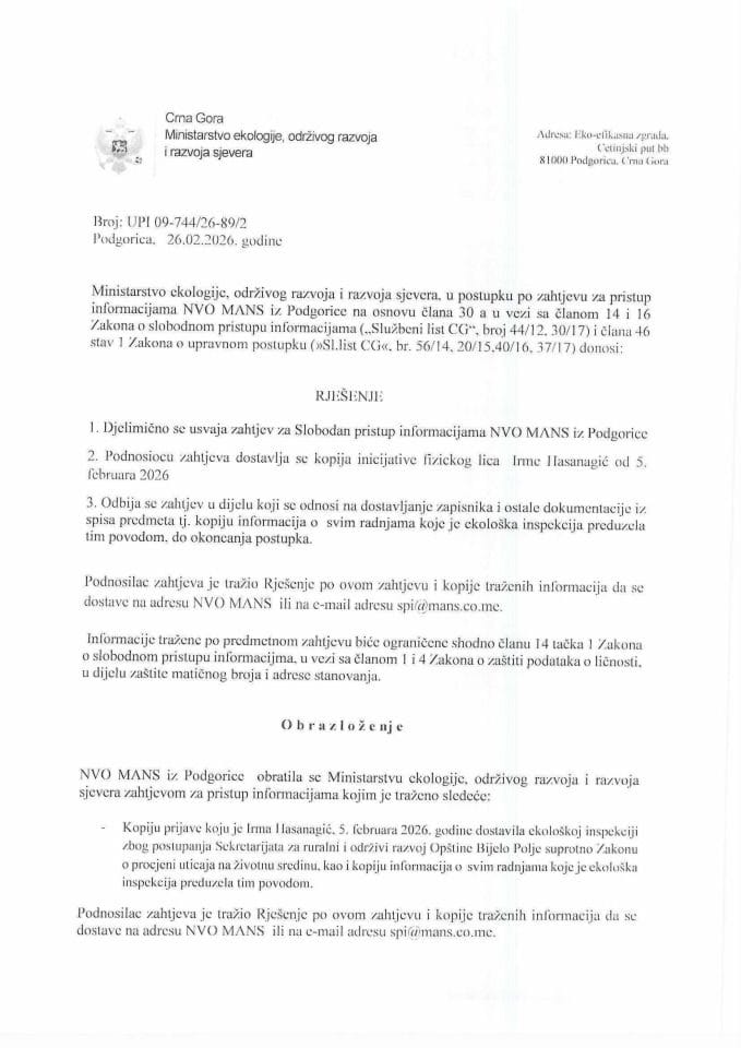 Rjesenje po zahtjevu NVO MANS br.UPI-09-744-26-89-2 od 26. 02.2026
