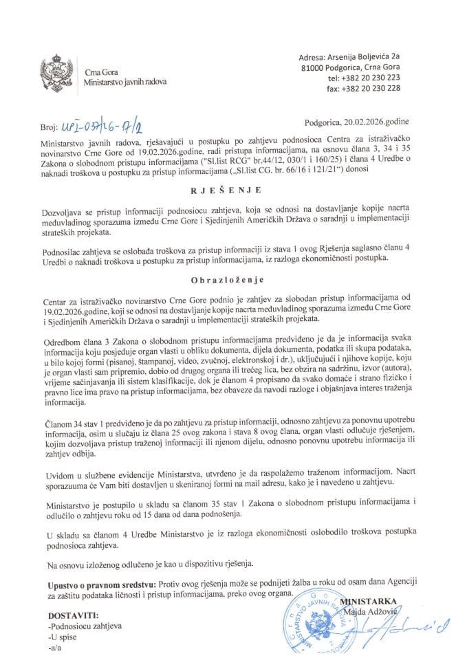 Centar za istrazivacko novinarstvo -rjesenje  dozvola Sad-Cg nacrt sporazuma