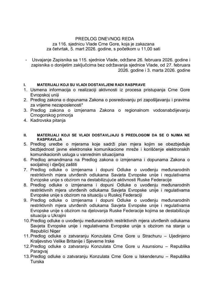 Predlog dnevnog reda za 116. sjednicu Vlade Crne Gore