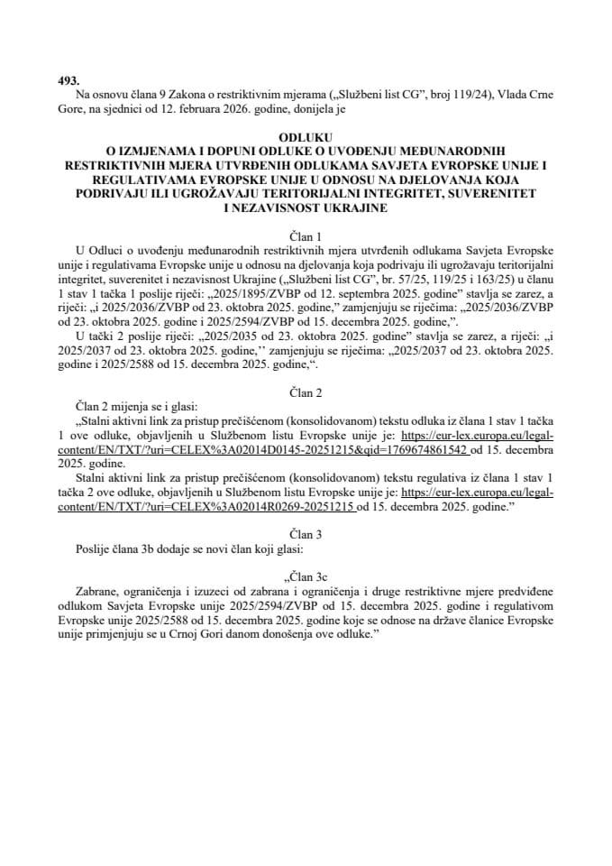 Odluka izmjenama i dopuni Odluke o uvođenju međunarodnih restriktivnih mjera utvrđenih odlukama Savjeta Evropske unije i regulativama Evropske unije u odnosu na djelovanja