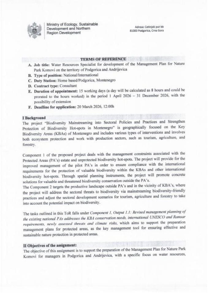 ToR Water Resources Specialist NP Komovi