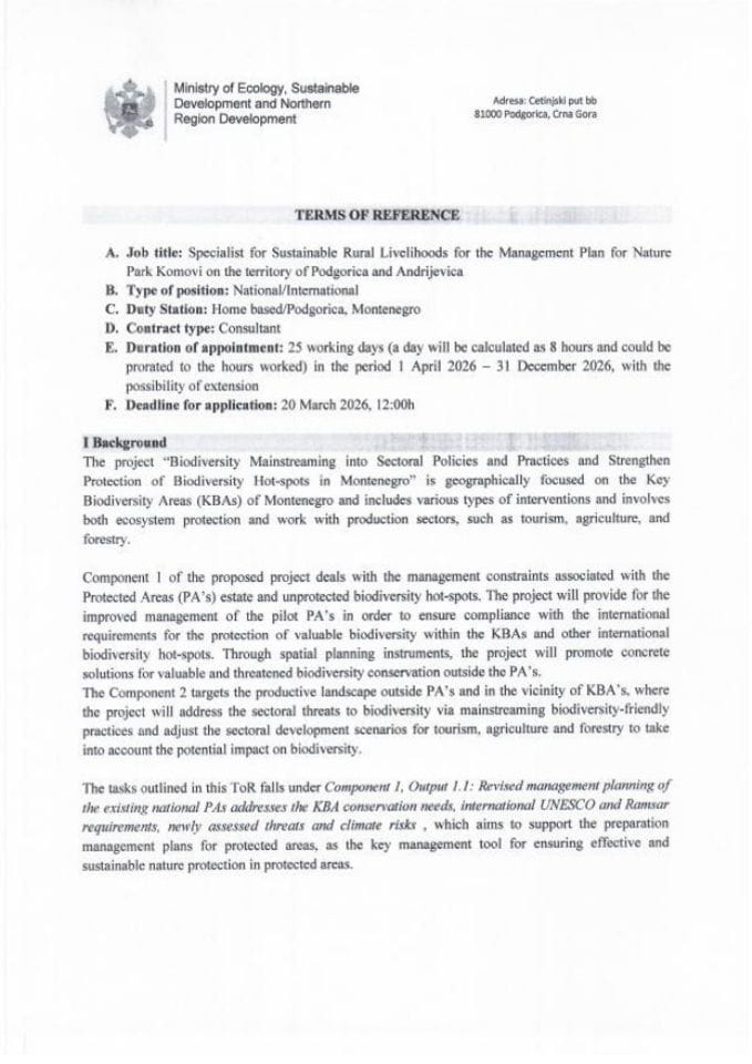 ToR Specialist for Sustainable Rural Livelihoods NP Komovi