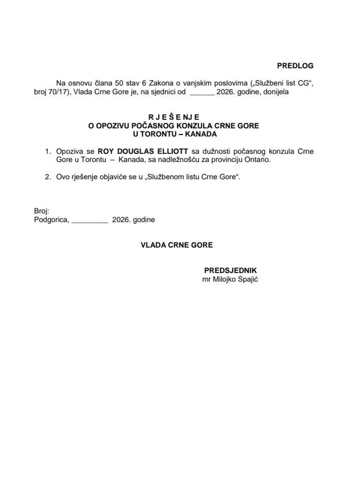 Предлог за опозив почасног конзула Црне Горе у Торонту - Канада