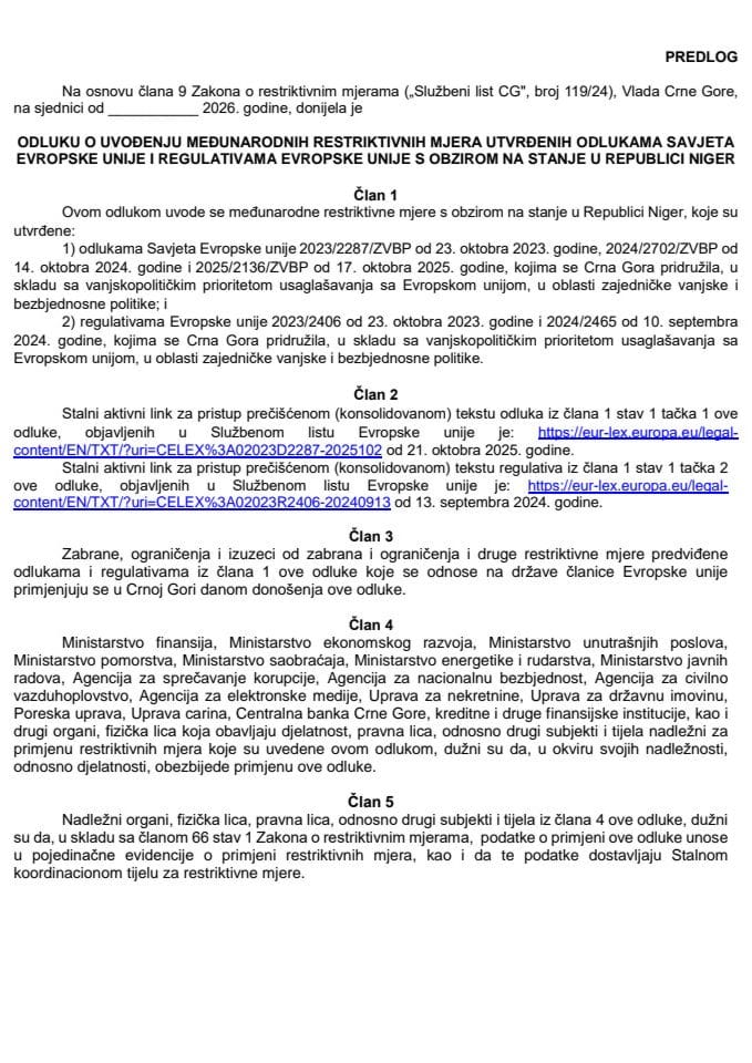 Предлог одлуке о увођењу међународних рестриктивних мјера утврђених одлукама Савјета Европске уније и регулативама Европске уније с обзиром на стање у Републици Нигер
