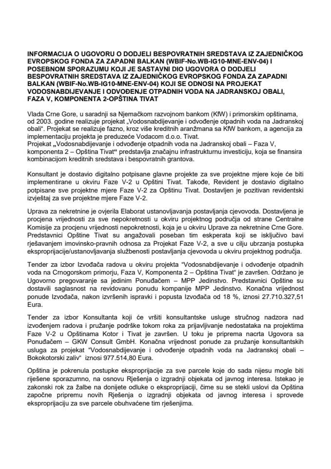 Информација о Уговору о додјели бесповратних средстава из заједничког Европског фонда за Западни Балкан (WBIF-No.WB-IG10-MNE-ENV-04)