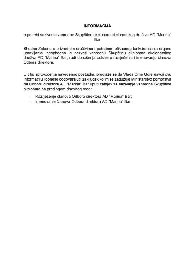 Информација о потреби сазивања ванредне Скупштине акционара акционарског друштва АД „Марина“ Бар