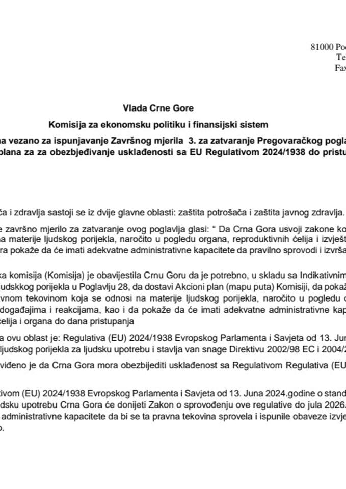 Информација о активностима везано за испуњавање завршног мјерила 3. за затварање преговарачког поглавља 28 - Заштита потрошача и здравља