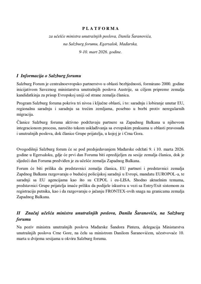 Предлог платформе за учешће министра унутрашњих послова, Данила Шарановића, на Салзбург форуму, Егерсалок, Мађарска, 9-10. март 2026. године