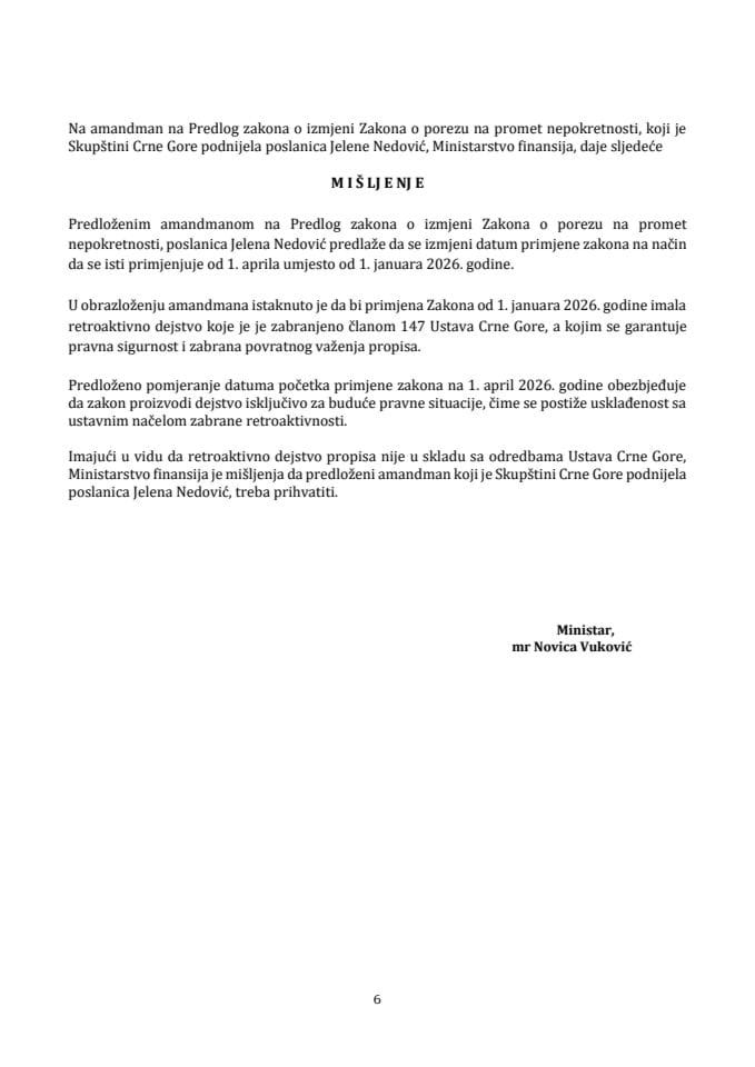 Предлог мишљења на Амандман на Предлог закона о измјени Закона о порезу на промет непокретности (предлагач посланица Јелена Недовић)