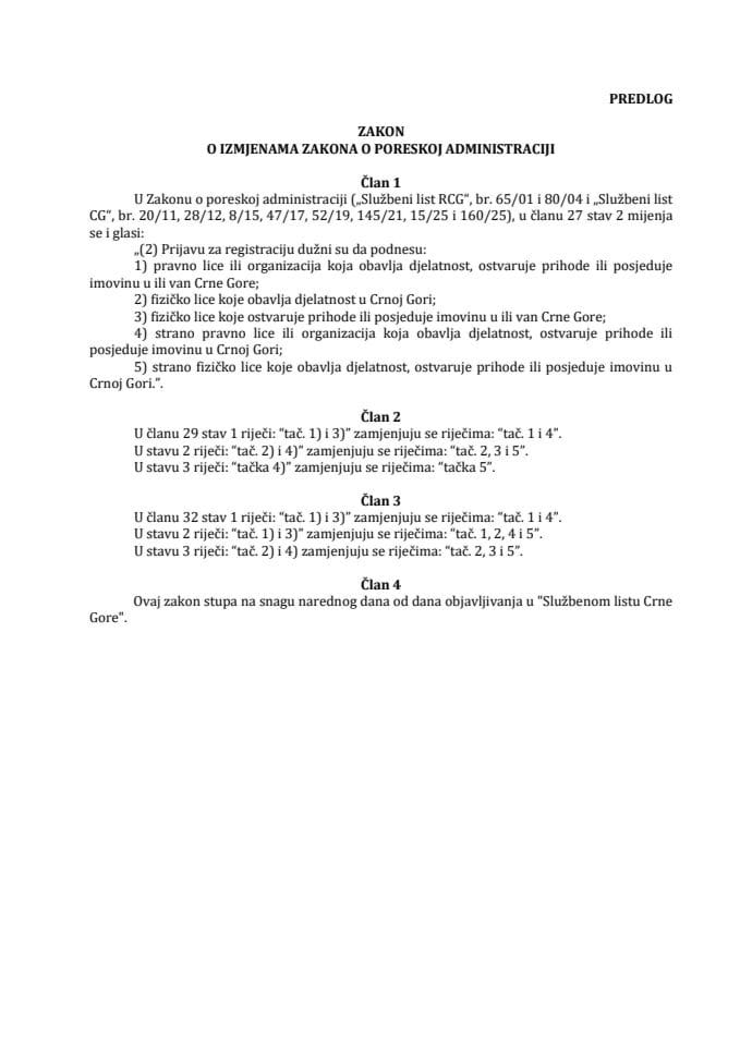 Предлог закона о измјенама Закона о пореској администрацији