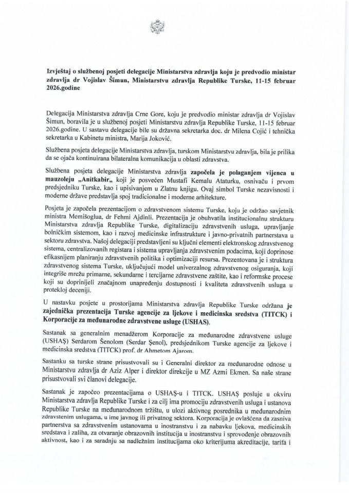 Извјештај о службеној посјети делегације Министарства здравља коју је предводио министар здравља др Војислав Шимун, Министарству здравља Републике Турске, 11-15. фебруар 2026. године