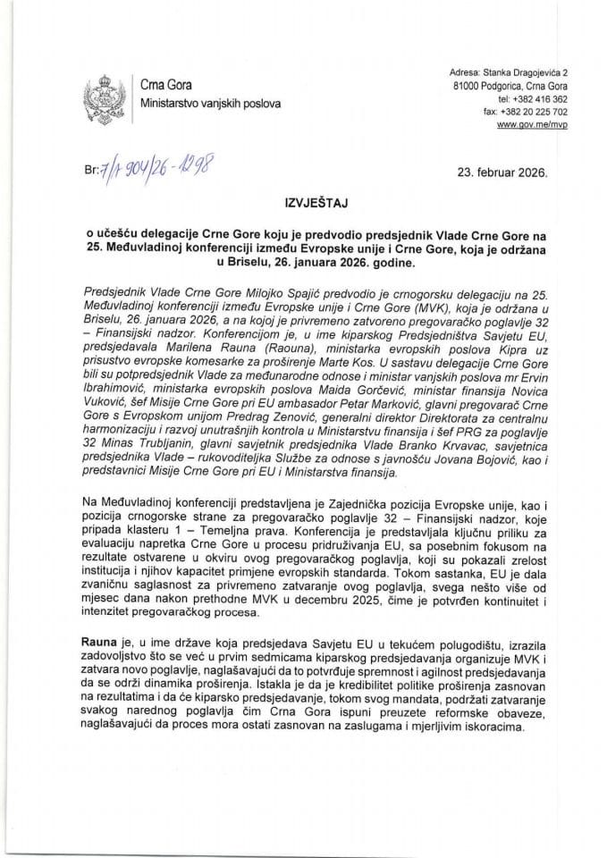 Извјештај о учешћу делегације Црне Горе коју је предводио предсједник Владе Црне Горе на 25. Међувладиној конференцији између Европске уније и Црне Горе, која је одржана у Бриселу, 26. јануара 2026. године