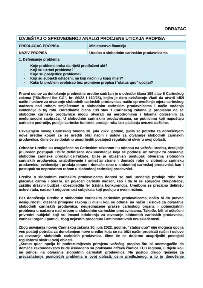 Izvještaj o sprovedenoj analizi uticaja propisa (Ria obrazac)