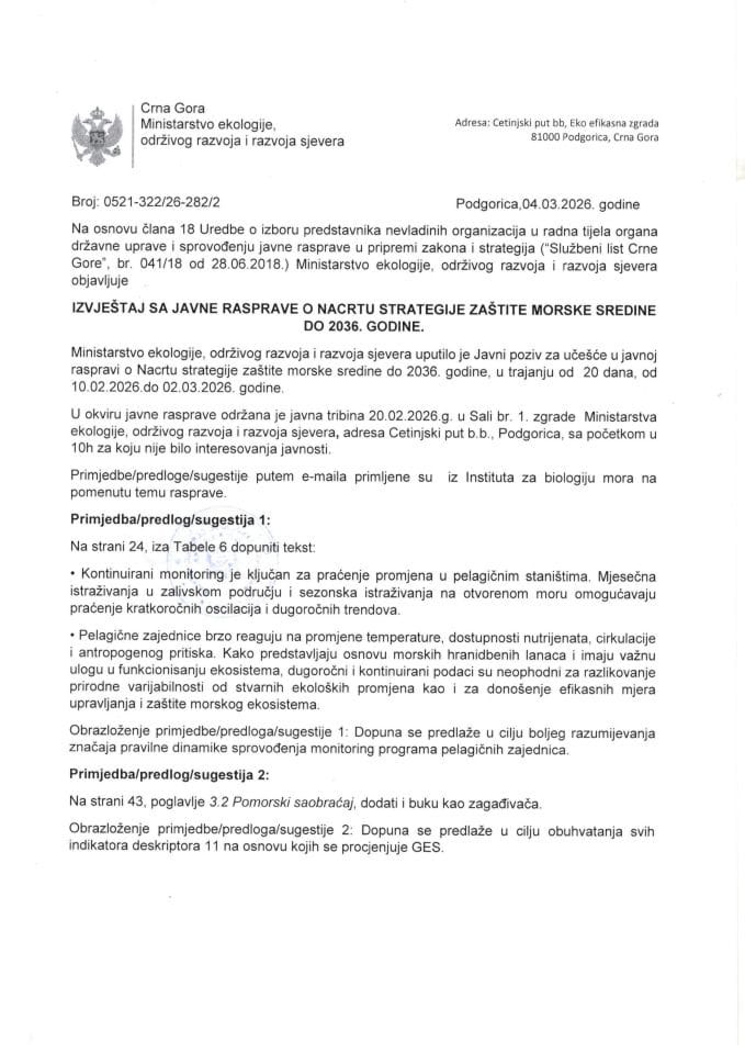 Izvještaj sa javne rasprave Strategija zaštite morske sredine