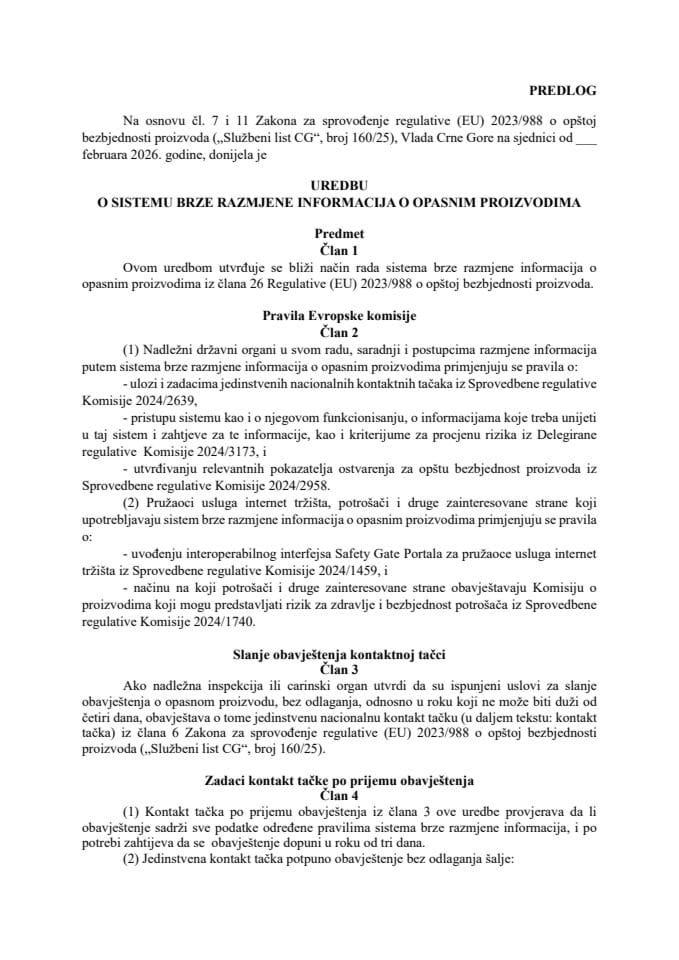 Predlog uredbe o sistemu brze razmjene informacija o opasnim proizvodima