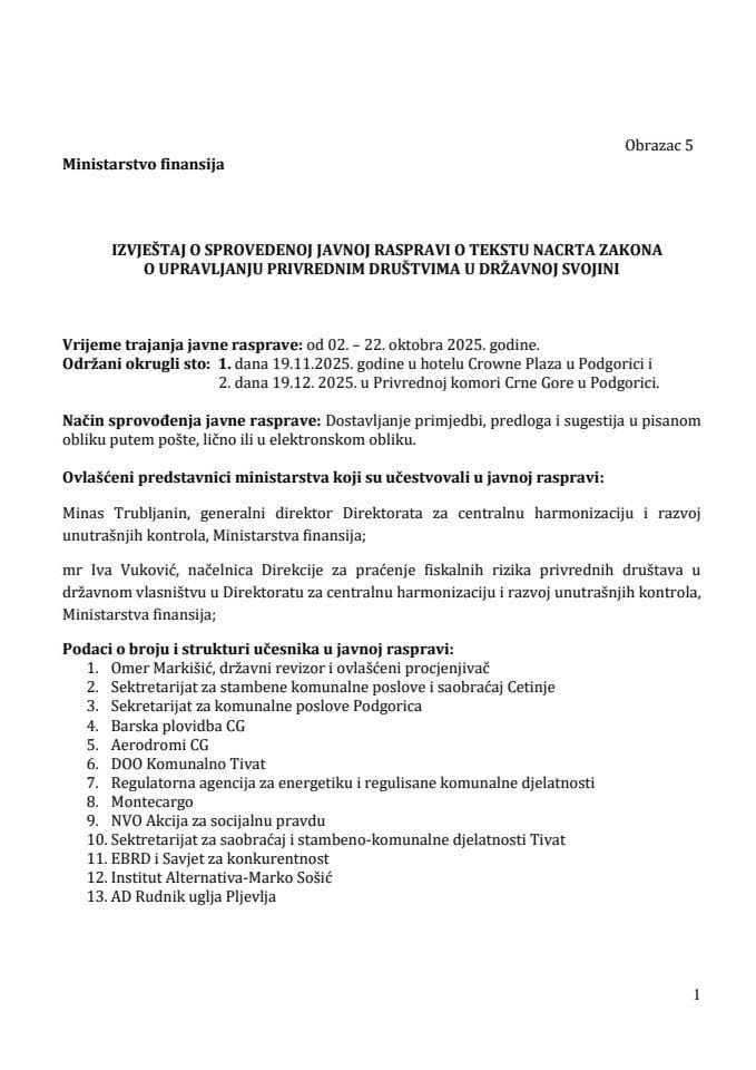 Izvještaj sa javne rasprave o Nacrtu zakona o upravljanju privrednim društvima u vlasništvu države