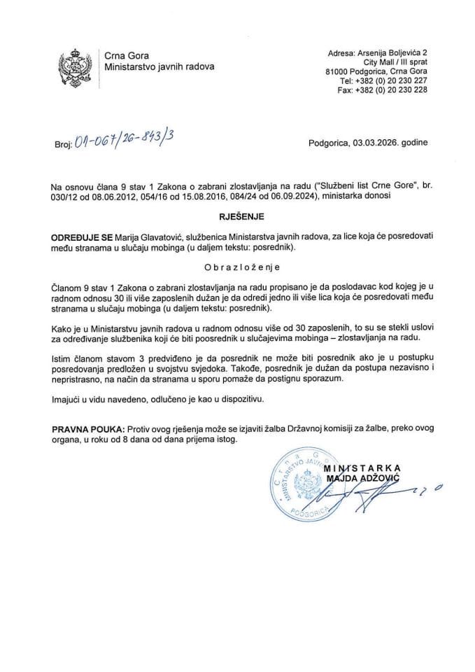 Rješenje o određivanju ovlašćenog lica koje će posredovati među stranama u slučaju mobinga
