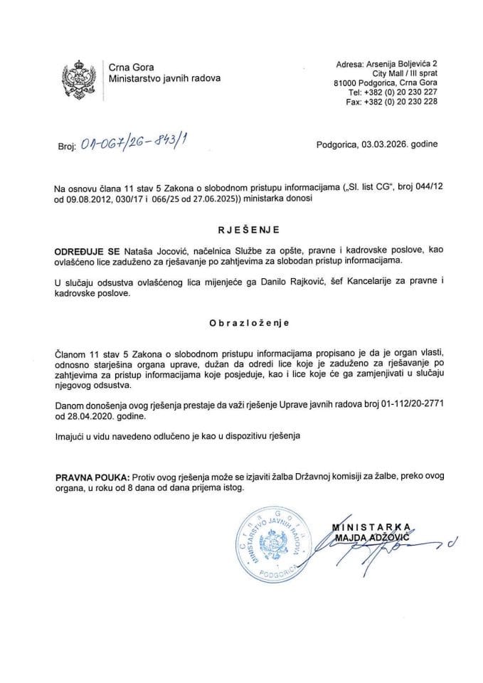 Rješenje o određivanju ovlašćenog lica koje je zaduženo za rješavanje po zahtjevima za slobodan pristup informacijama