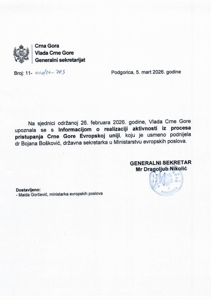 Усмена информација о реализацији активности из процеса приступања Црне Горе  Европској унији - Закључци