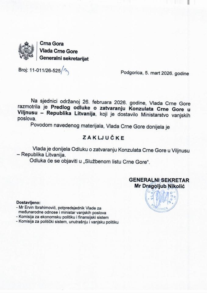 Предлог одлуке о затварању Конзулата Црне Горе у Виљнусу - Република Литванија - Закључци