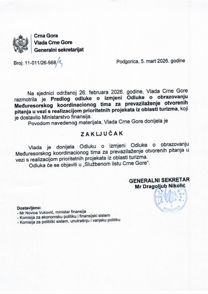 Предлог одлуке о измјени Одлуке о образовању Међуресорског координационог тима за превазилажење отворених питања у вези с реализацијом приоритетних пројеката из области туризма - Закључци