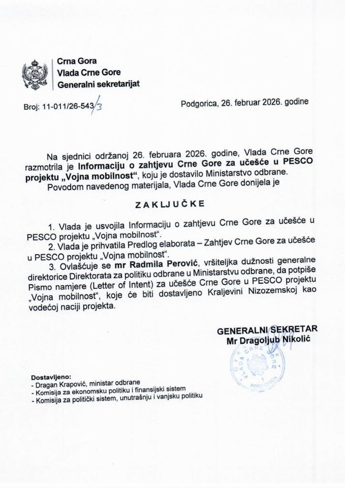 Информација о захтјеву Црне Горе за учешће у PESCO пројекту „Војна мобилност“ - Закључци