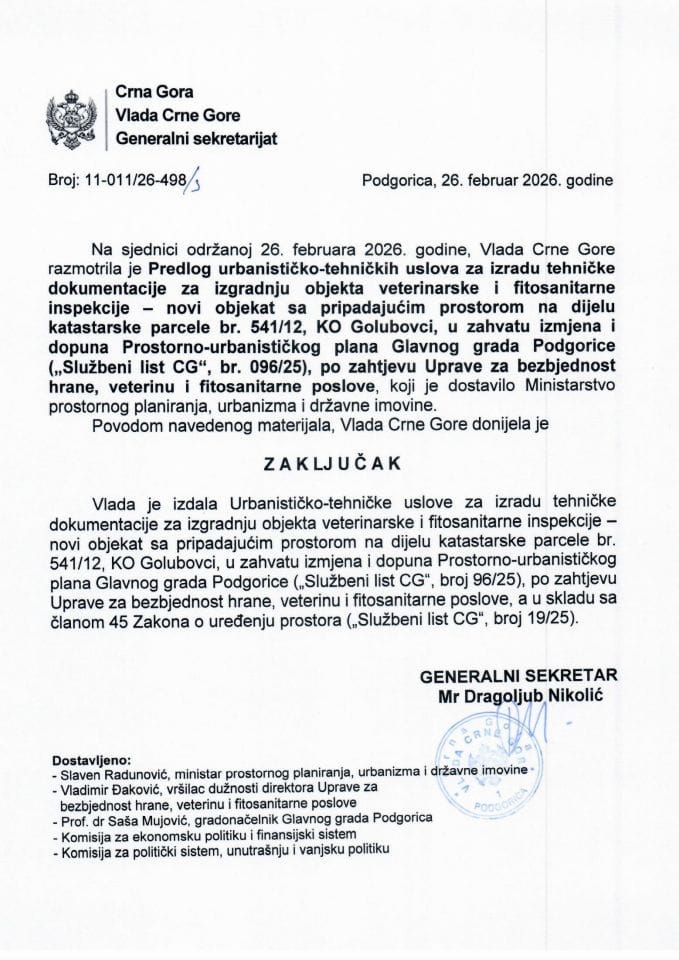 Предлог урбанистичко-техничких услова за израду техничке документације за изградњу објекта ветеринарске и фитосанитарне инспекције - нови објекат са припадајућим простором на дијелу катастарске парцеле бр. 541/12, КО Голубовци - Закључци