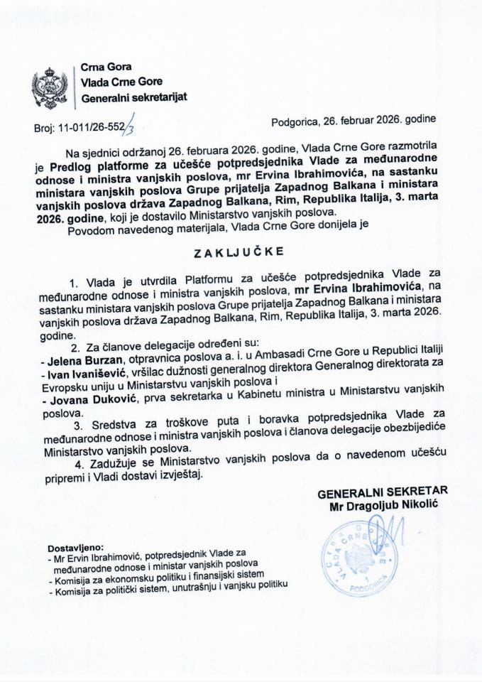 Предлог платформе за учешће потпредсједника Владе за међународне односе и министра вањских послова мр Ервина Ибрахимовића на састанку министара вањских послова Групе пријатеља ЗБ и министара вањских послова држава Западног Балкана - Закључци
