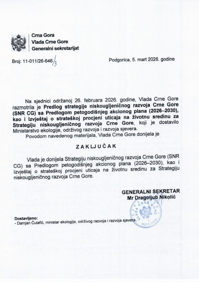 Предлог стратегије нискоугљеничног развоја Црне Горе (СНР ЦГ) са Предлогом петогодишњег акционог плана (2026–2030), као и Извјештај о стратешкој процјени утицаја на животну средину за Стратегију нискоугљеничног развоја Црне Горе - Закључци