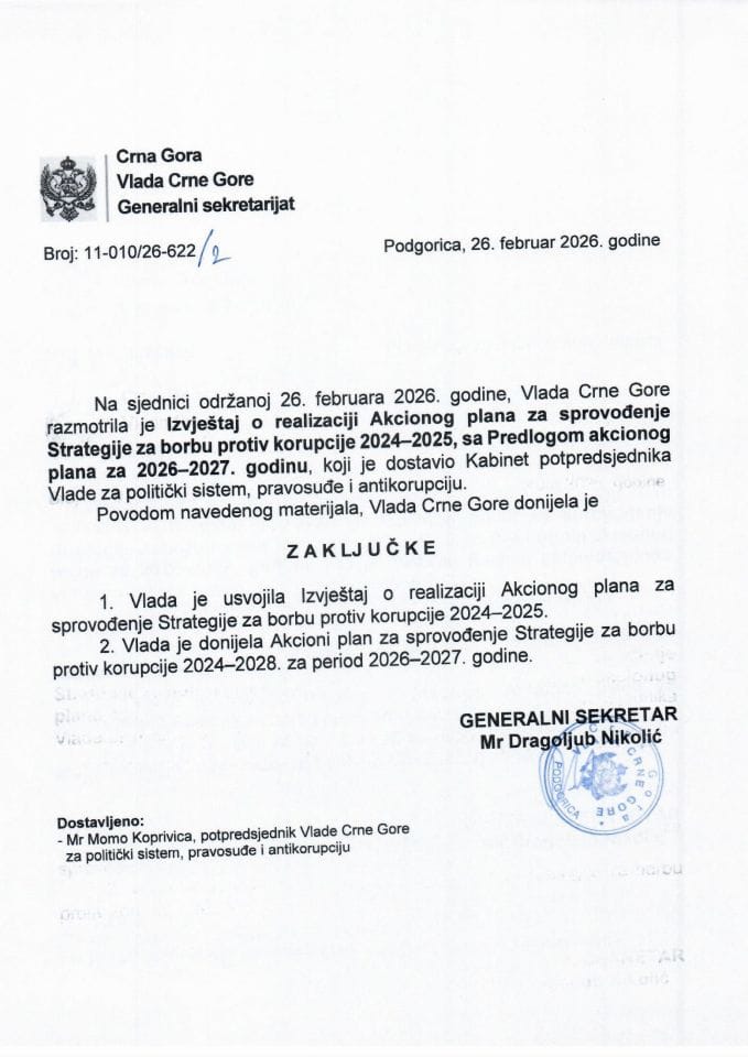 Извјештај о реализацији Акционог плана за спровођење Стратегије за борбу против корупције 2024-2025, са Предлогом акционог плана за 2026-2027. годину - Закључци