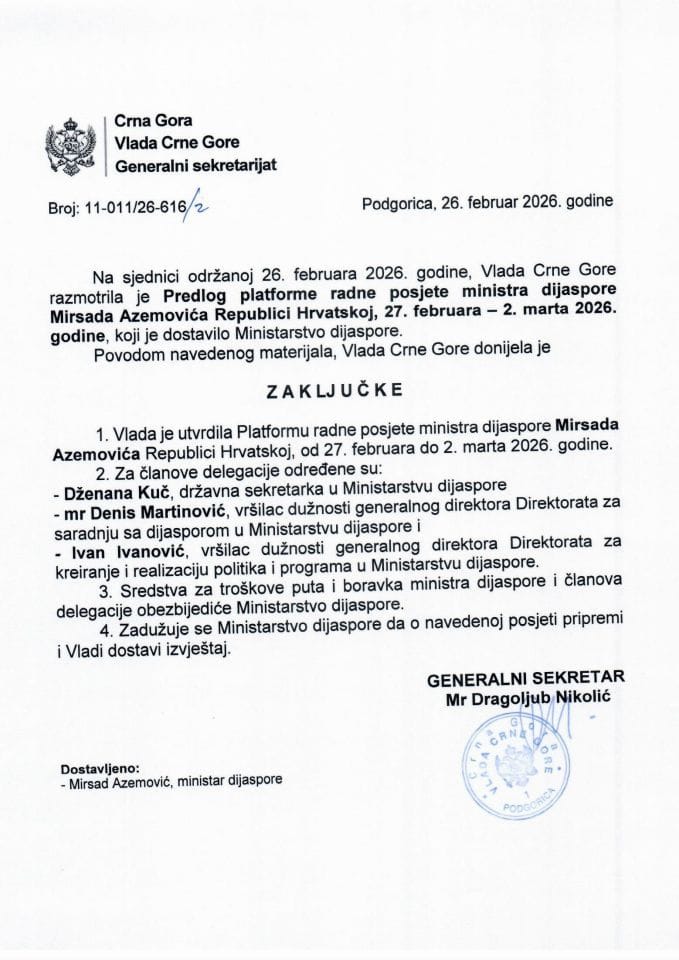 Предлог платформе радне посјете министра дијаспоре Мирсада Аземовића Републици Хрватској, 27. фебруара - 2. марта 2026. године - Закључци